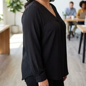 Dalia Black V-Neck Long Sleeve Blouse Top XXL Plus Size Minimalist Boho Chic
